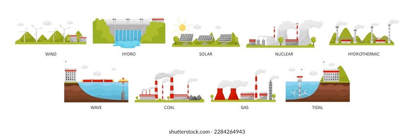 Natural Resources with Wind, Hydro, Solar and Nuclear Power Plant Vector Set