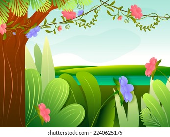 Natural Riverscape Background With Tropical Tree And Flowers.