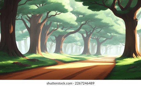 Natural Road Path Surrounded by Trees in The Forest Scenery Detailed Hand Drawn Painting Illustration