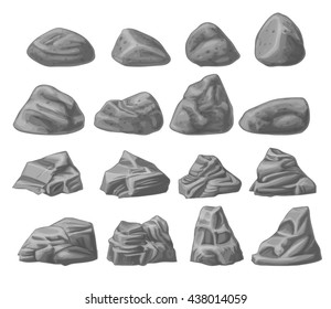 Natural rocks set isolated on white background. Stones of different shapes, icons collection. Various broken  boulders . Vector illustration