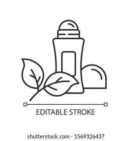 Natural roll-on deodorant linear icon. Hypoallergenic antiperspirant. Alluminium-free. Organic cosmetics. Thin line illustration. Contour symbol. Vector isolated outline drawing. Editable stroke