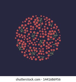 A natural round composition of twigs with berries, made in a simple style for posters, cards, backgrounds. Vector autumn flat illustration.