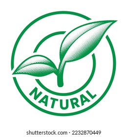 Natural Round Engraved Icon with 2 Green Leaves isolated on a White Background