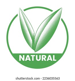 Natural Round Icon with Engraved Green Leaves isolated on a White Background