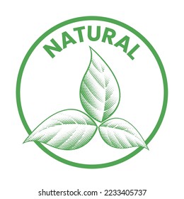 Natural Round Icon with Shaded Engraved Green Leaves isolated on a White Background