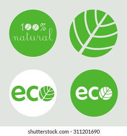 Natural round label vignette and green icon set of designed Eco lettering and and 100% natural lettering