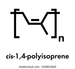 Natural rubber (cis-1,4-polyisoprene), chemical structure. Used to manufacture surgeons' gloves, condoms, boots, car tires, etc. Skeletal formula.