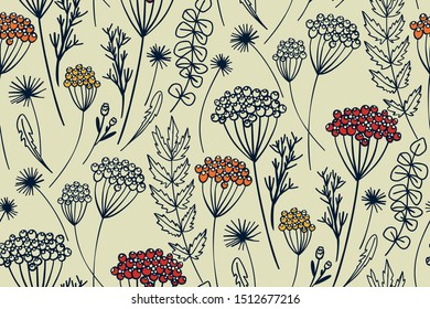 Natural rustic background with flowers and herbs hand drawn. Floral seamless pattern for textile, wrapping, wedding cards.