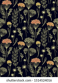 Natural rustic background with flowers and herbs hand drawn. Floral seamless pattern for textile, wrapping, wedding cards.