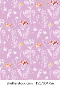 Natural rustic background with flowers and herbs hand drawn. Floral seamless pattern for textile, wrapping, wedding cards.