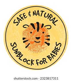 Natural and safe sunblock for babies, care, and treatment for skin and body. Isolated logotype for product, package emblem or label. Fingerprint drawing of tiger animal. Vector in flat style
