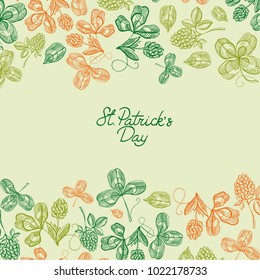 Natural Saint Patricks Day greeting poster with inscription and sketch shamrock and four leaf clover vector illustration