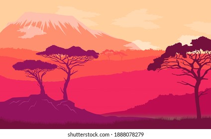 Natural savannah landscape background with snow-capped mountain peaks, clear sky sunset time, color gradient pink purple. Beautiful nature wildlife panorama with flat acacia trees silhouette
