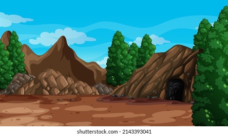 A natural scene landscape with cave illustration