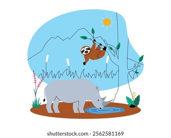 A natural scene, a rhinoceros is drinking water from a puddle, some plants and flowers are growing around it and a sloth is hanging on a tree, ecosystem vector illustration.