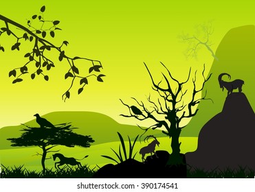 Natural scene vector scene. Mountains, highlands, trees, goat, birds silhouettes, tree and rocks black silhouettes.