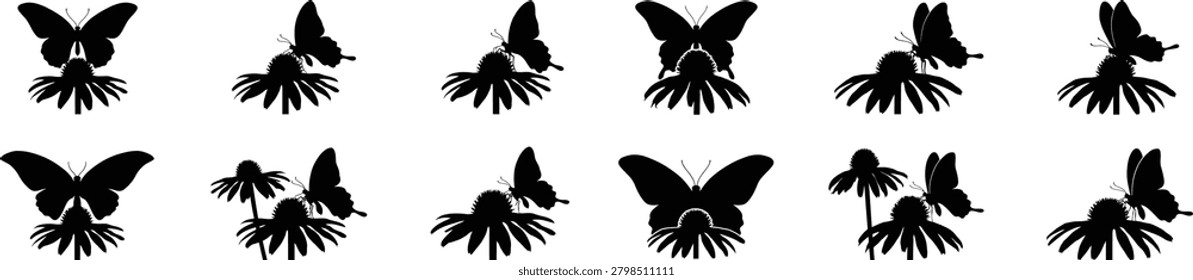 Natural scene vector set showing butterflies feeding on nectar of garden flowers. Delicate insect shapes illustrate pollination process and environmental beauty for springtime graphic designs and botanical displays.