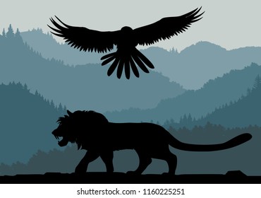 Natural scene vector silhouette, lion, eagle and forest silhouettes