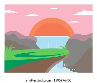 Natural scene with view on waterfall in mountains at sunset. Cartoon landscape. Water stream. Tourism, place of destination. Wilderness and cloudy sky. Summer field nature. Vector flat illustration