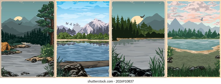 Natural sceneries colorful vintage posters with tent on river coast stones tree fallen over lake flying birds forest and mountains landscapes vector illustration