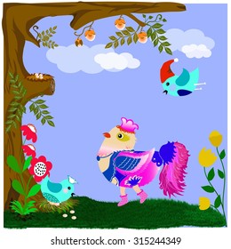 Natural scenery as a background abstract pattern with birds, flowers, trees.