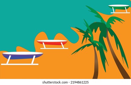 natural scenery background with beach sand, coconut trees, ocean and small boats