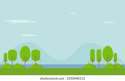 natural scenery background. scenery of mountain, lake, trees on a sunny day. spring theme. summer theme. season theme. vector illustration