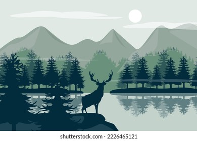 natural scenery background with mountains and trees silhouette deer