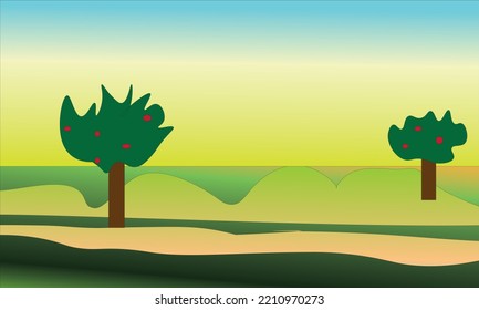 natural scenery background there are trees, rivers, hills and blue sky