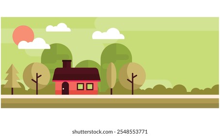 Paisaje natural con Ilustración vectorial de paisaje de granero en un estilo de concepto de diseño simple y agradable