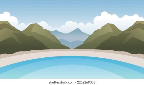 Natural scenery of beaches, hills, mountains and clouds vectors and illustrations