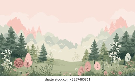 Natural scenery border frame in flat wallpaper, card, flyer, poster, banner, e-book cover, background, vector illustration