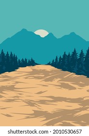 Natural scenery colorful poster in vintage style of alley with trees on mountains landscape vector illustration