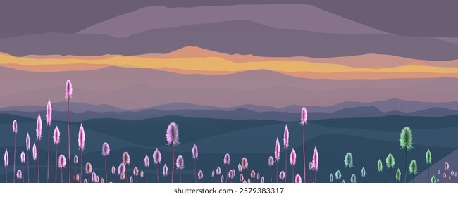 natural scenery of flowers and grass with sunrise in the mountains