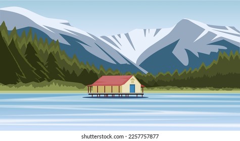 Natural scenery of houses by the lake, pine forests, hills and icy mountains flat design