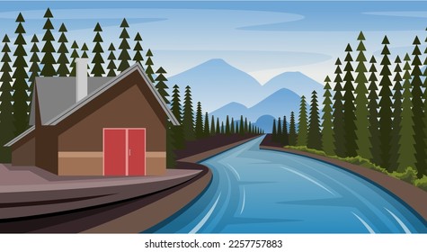 Natural scenery of houses by the river, pine forests and mountains vectors and illustrations