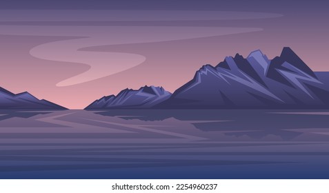 Natural scenery of ice mountains and sea in purple shades background vectors and illustrations