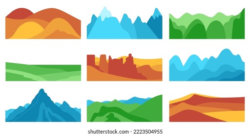 Natural scenery landscape set. Horizontal simple collage elements set. Grassland, mountain, field, prarie, forest, meadow. Vector advertising and web banner template. Modern flat graphic illustration.