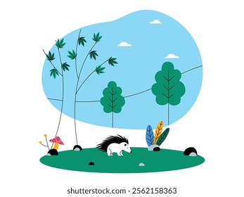 Natural scenery with a little hedgehog walking on green grass, growing some green plants and some small trees, sky is bright blue with some white clouds there are rocks and red mushrooms, ecosystem.