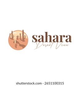 natural scenery logo sahara with simple elegant concept, mountain view and cactus trees in the sahara desert, as a symbol of design template illustration