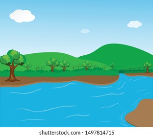 Natural scenery with mountains and a clear river blue sky