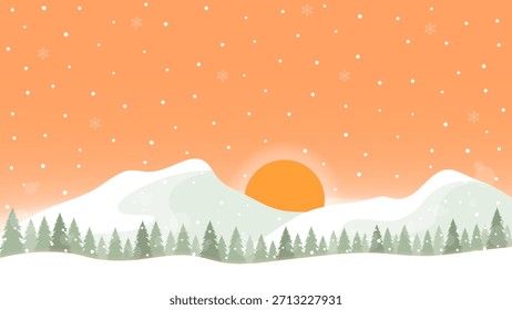 Natural Scenery Of Mountains And Pine Forests At Sunset With Snowy Background