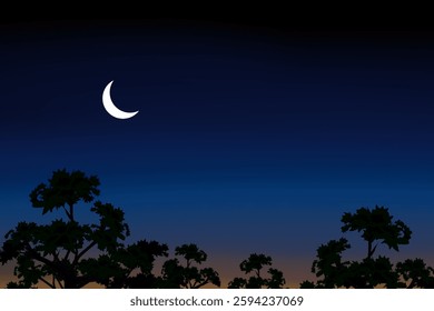 natural scenery at night with a crescent moon in the sky and trees