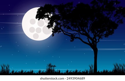 Natural scenery at night with the moon and stars illuminating the silhouettes of trees