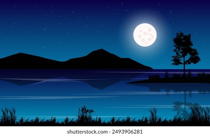 natural scenery at night, the moon, stars shining on the mountains and trees