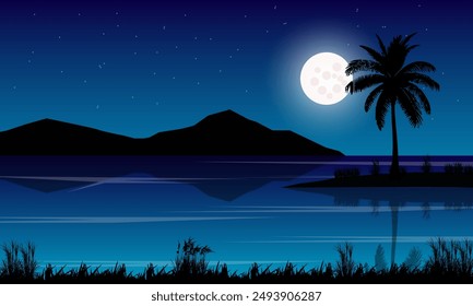 natural scenery at night, the moon, stars shining on the mountains and trees