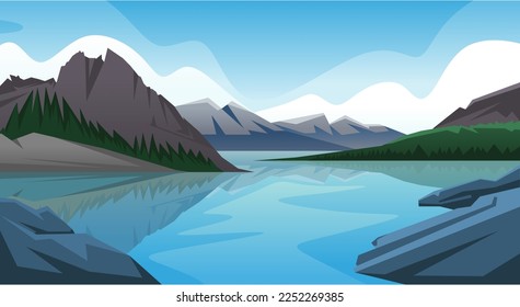 Natural scenery of rivers, hills, mountains, pine forests and rocks vectors and illustrations