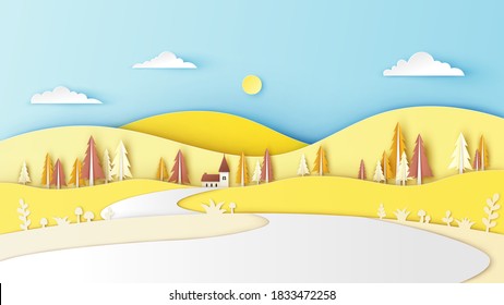 Paisaje natural y camino a la casa blanca en el prado de otoño. Diseño paisajístico para la temporada de otoño. Cortado de papel y estilo artesanal. vector, ilustración.