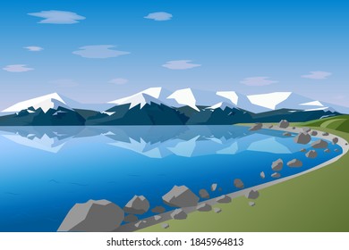 Natural scenery. Sea coast against the background of mountains and rocks. Vector illustration, flat style