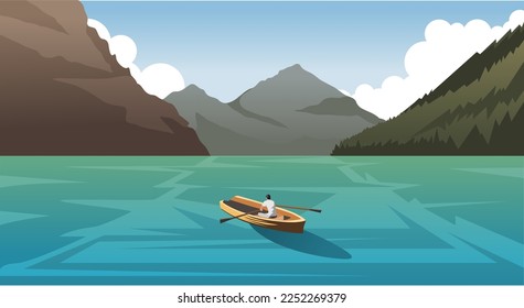 Natural scenery of the sea, hills, mountains and people on boats vectors and illustrations